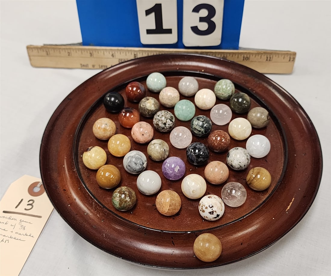 Wooden Marble Board W/ 38 Stone + Marble Marbles Sgnd AM 10" Diam: Wooden Marble Board W/ 38 Stone + Marble Marbles Sgnd AM 10" Diam