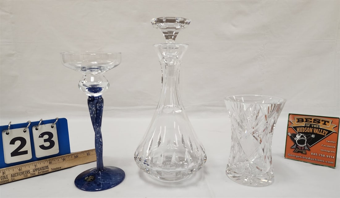 Tray St Louis Cut Glass Decanter 11 1/2", Waterford Vase 6" + Murano Candlestick 9 1/4" (1 of 2)