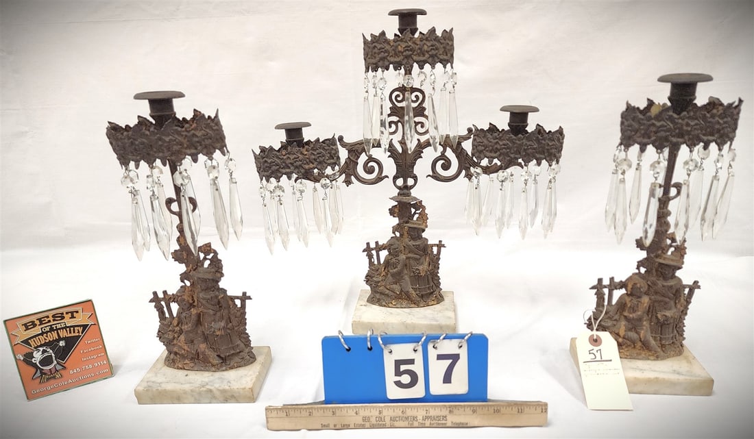 3 Pc 19th C Bronze + Marble Girandole Set Center 17"H X 17"W, Pr Side 14" (1 of 4)