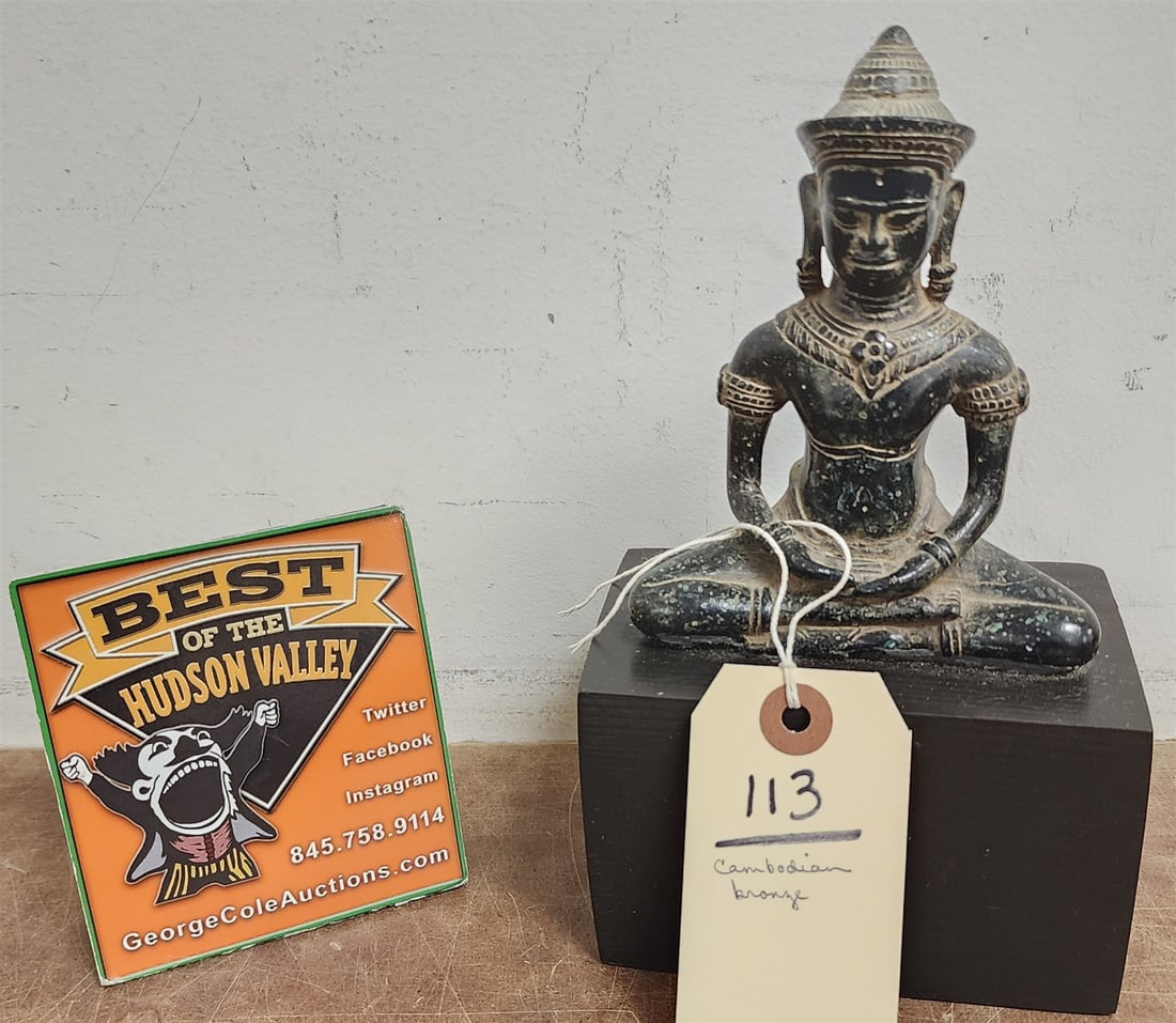 Cambodian Bronze Buddha 5 1/2"H X 4 1/4" On Wooden Base 3"H X 5"W X 3"D (1 of 3)