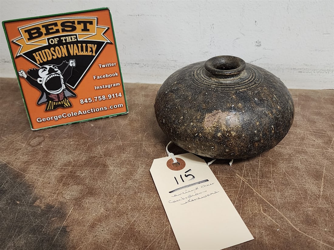 Ancient Cambodian Stoneware Vessel 3"H XX 4 3/4" Diam (1 of 4)