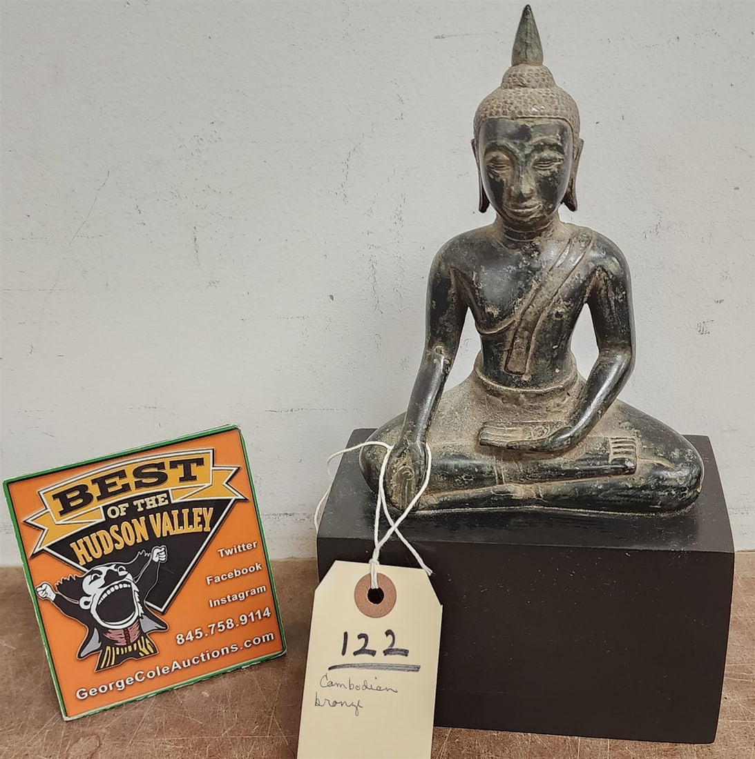 Cambodian Bronze Buddha 7"H X 5"W On Wooden Base 3 1/2"H X 5 3/4"W X 3 1/2"D (1 of 3)