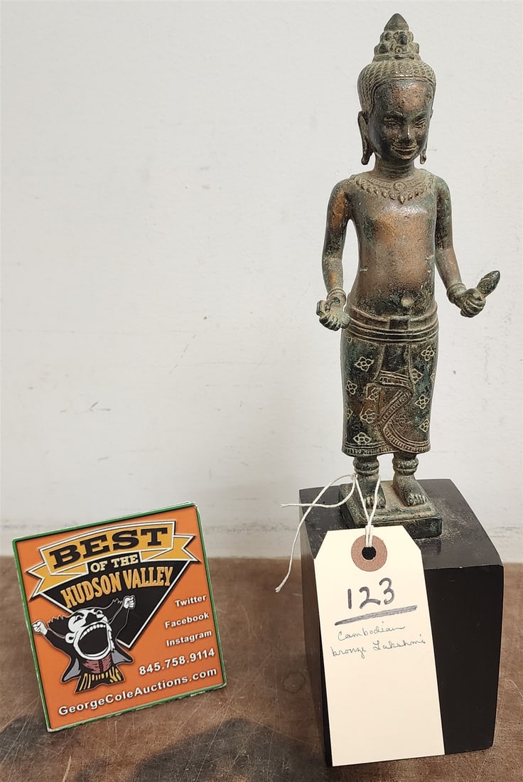 Cambodian Bronze Lakshimi 9" On Wooden Base 4"H X 3 1/4"W X 3 1/2"D: Cambodian Bronze Lakshimi 9" On Wooden Base 4"H X 3 1/4"W X 3 1/2"D