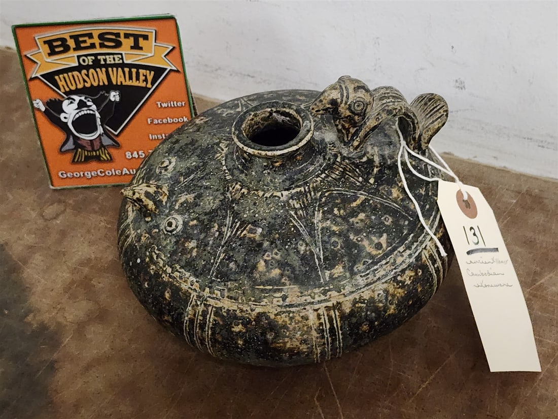 Ancient Cambodian Stoneware Vessel W/Bird Handle 5"H X 7" Diam (1 of 6)