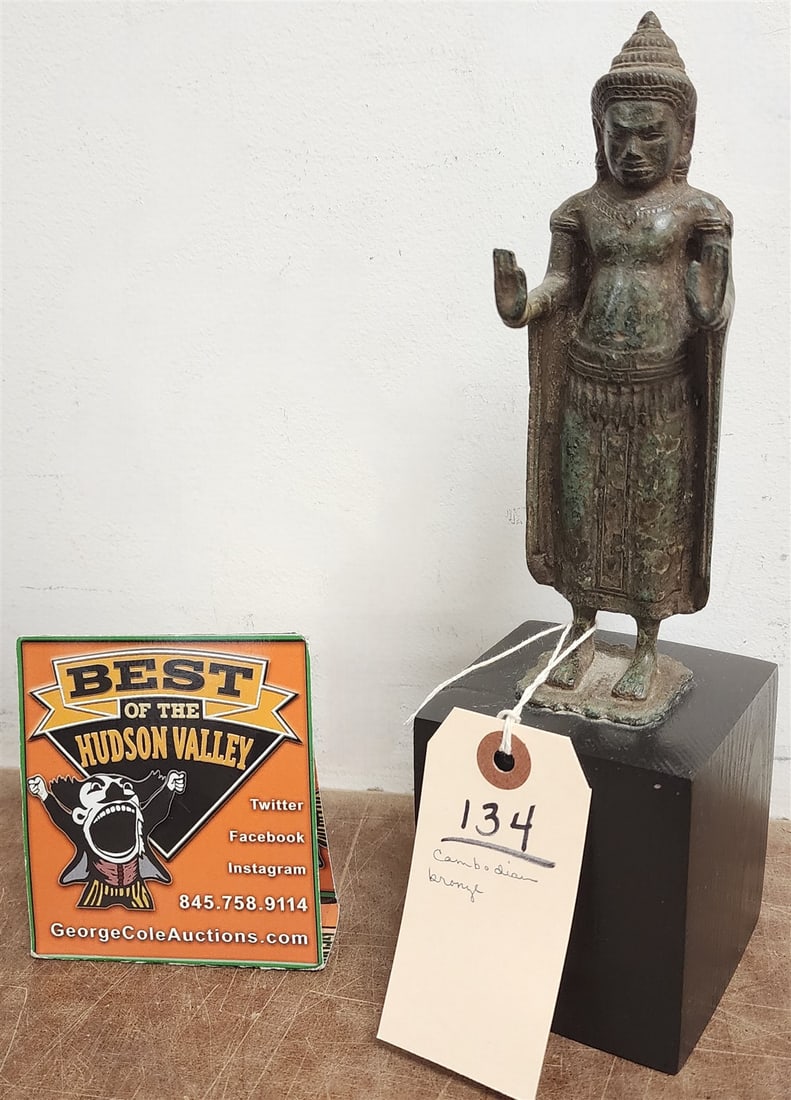 Cambodian Bronze Standing Buddha 7" On Wooden Base 3 3/4"H X 3 1/4"W X 3"D (1 of 3)