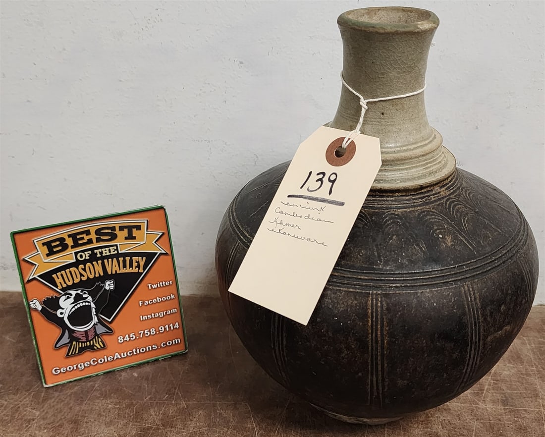 Ancient Cambodian Khmer Glazed Pottery Bowl W/ Rim Repair 9" X 7" Diam: Ancient Cambodian Khmer Glazed Pottery Bowl W/ Rim Repair 9" X 7" Diam