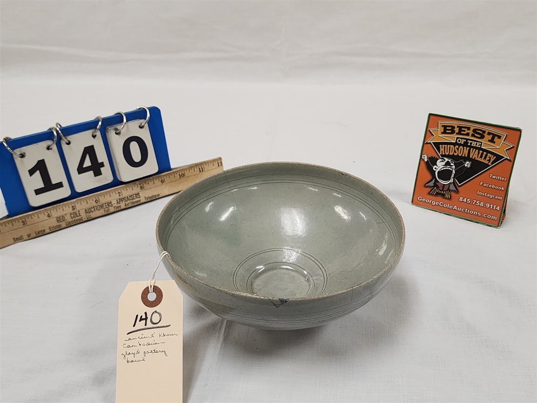 Ancient Cambodian Khmer Glazed Pottery Bowl W/ Repaired Chip Edge 3 1/2"H X 8" Diam: Ancient Cambodian Khmer Glazed Pottery Bowl W/ Repaired Chip Edge 3 1/2"H X 8" Diam