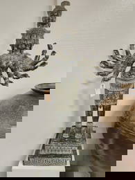 Cambodian Khmir Bronze Standing Prajnaparamita 49"H X 25"W On Wooden Plinth 25"H X 16" Sq