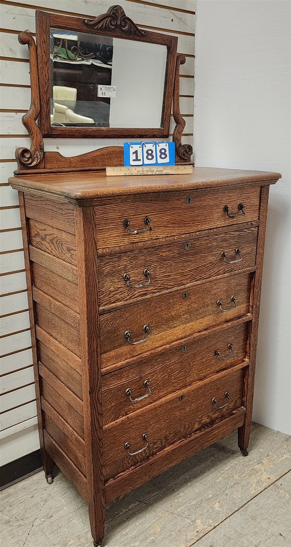 Oak 5 Drawer Dresser 69"H X 33"W X 19 1/2"D w/mirror: Oak 5 Drawer Dresser 69"H X 33"W X 19 1/2"D w/mirror
