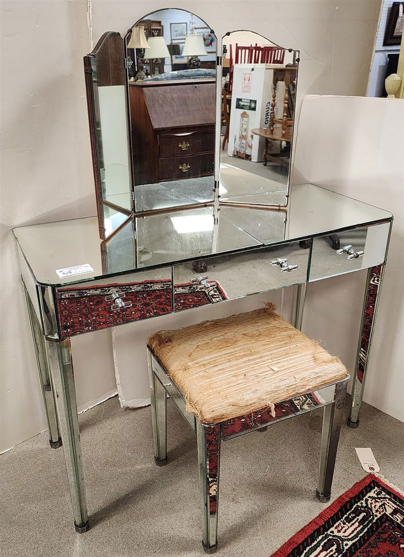 Mirrored 3 Drawer Vanity A. Marchand Inc NY 29"H X 38"W X 15"D W/ Bench + Triptych Mirror 20"H X (1 of 4)