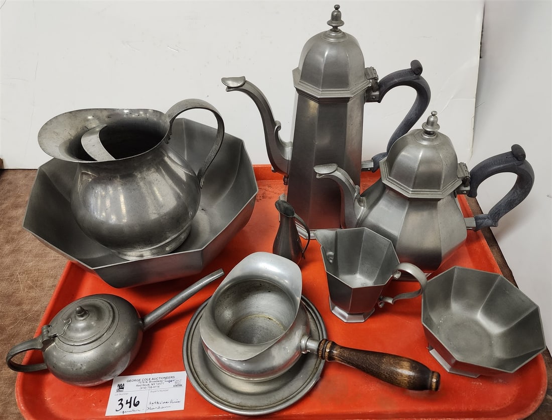 Tray Pewter 5 Pc Gorham Tea Set + Bowl, French, Anthoine Paris Squat Long Spouted Pot 3"H X 8 1/2"L, (1 of 2)