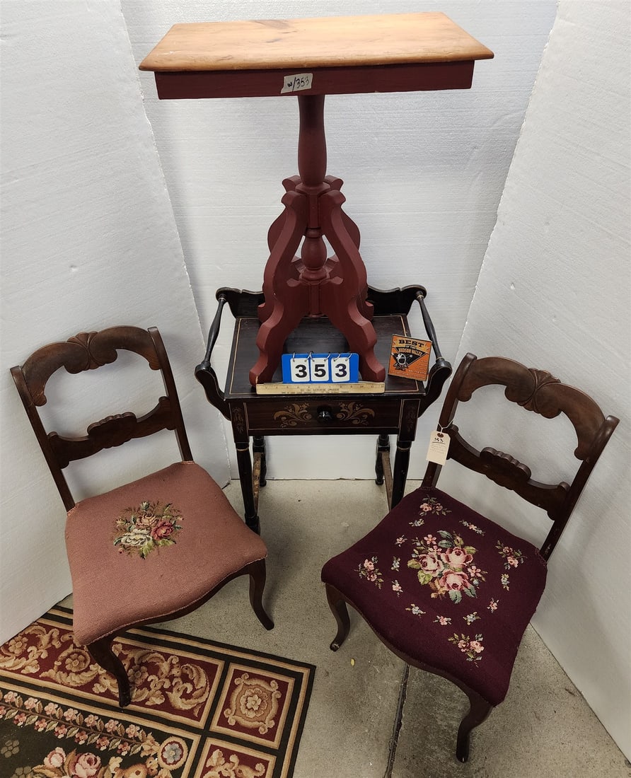 Pr 19th C Mahog Side Chairs,Stenciled 1 Drawer Stand 32 1/2"H X 23"W X 19"D+ 19th C Ptd Stand 28 (1 of 5)
