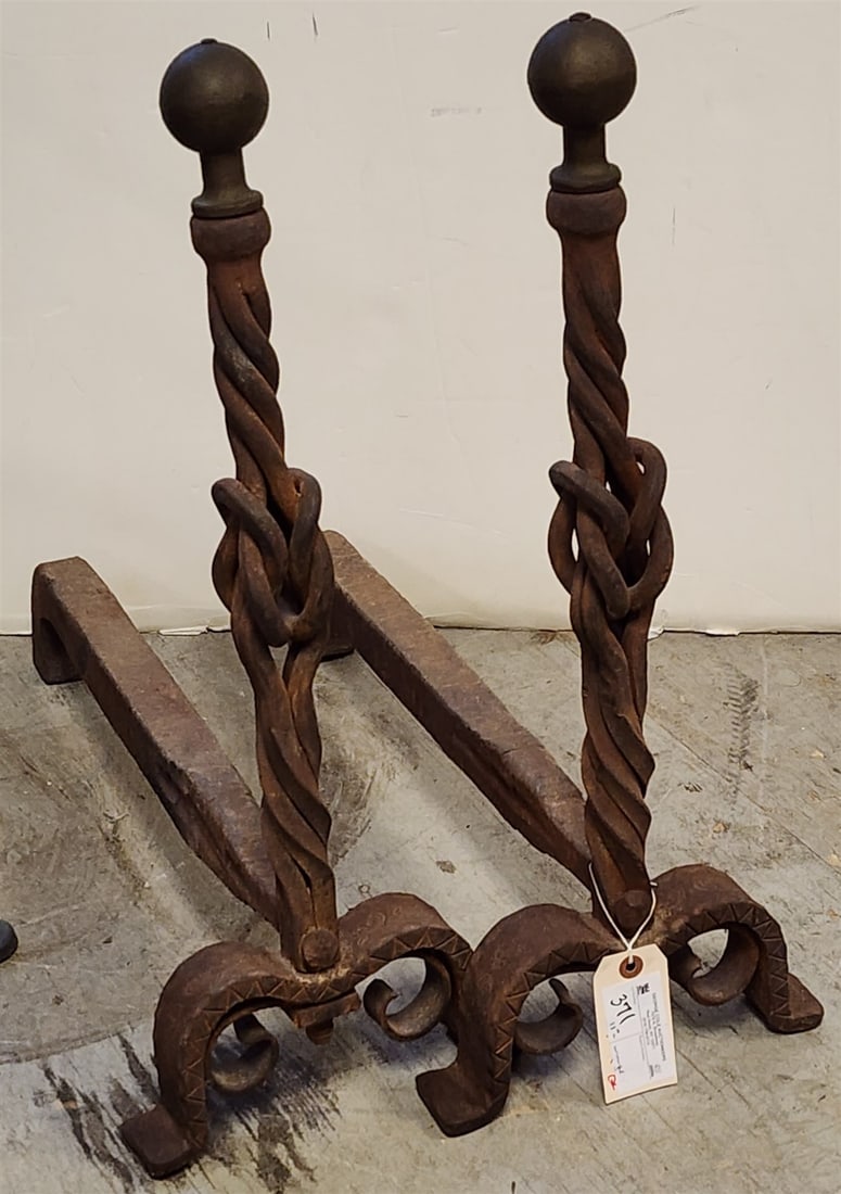 Pr Wrought 18th C Andirons W/ Brass Finials 26" (1 of 2)