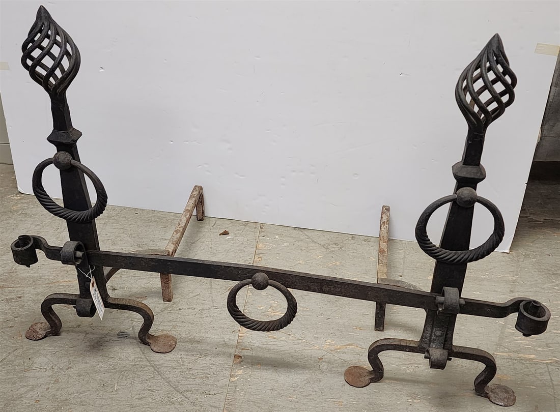 Pr 19th C Wrought Andirons 31 1/2"H + Decorative 45" Bar + Fire Tools (1 of 2)