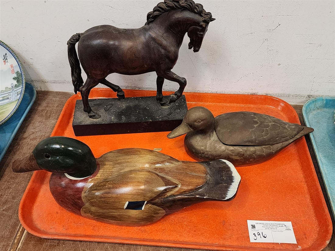 Tray Wooden Duck Decoy 6"H X 14"L, Brass Duck Bx 4 1/2" X 11 1/2" + Composite Horse 11"H X 10"L (1 of 2)