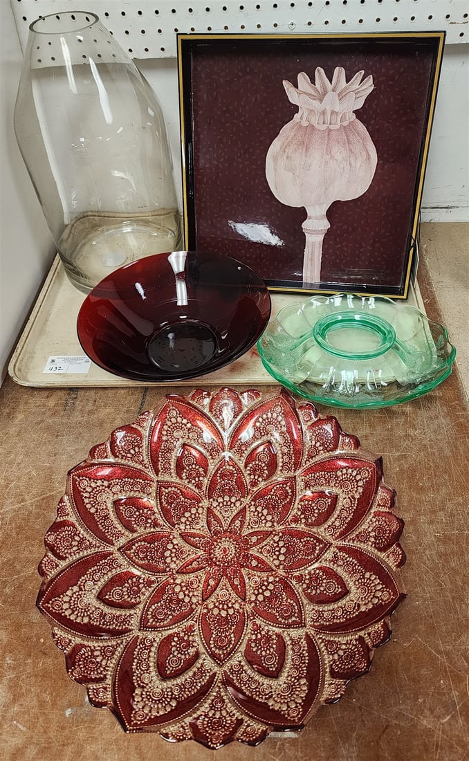Tray Glass Jug 16 1/2"H X 9" Diam, Red _+ Gold Bowl 3"H X 16" Diam, Green Depression Bowl 2 1/2"H X: Tray Glass Jug 16 1/2"H X 9" Diam, Red _+ Gold Bowl 3"H X 16" Diam, Green Depression Bowl 2 1/2"H X 11" Diam, Rubyu Glass Bowl 3 1/2"H X 11 1/2" Diam