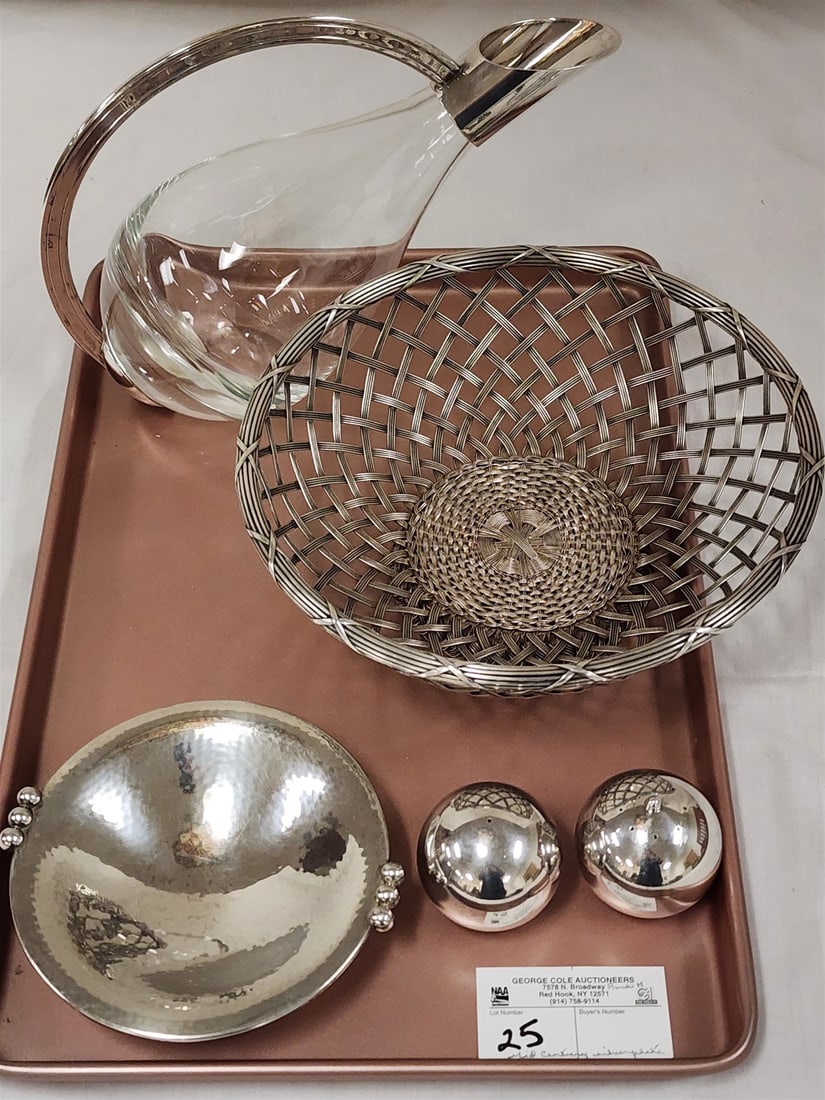 Tray Mid Century Silverplate Fr Woven Bowl 3 1/2"H X 9 3/4" Diam, Swedish Bowl Made For Leonard: Tray Mid Century Silverplate Fe Woven Bowl 3 1/2"H X 9 3/4" Diam, Swedish Bowl Made For Leonard Carlen 1 1/4"H X 6 1/4" Diam, Pr Bell Sslt/Pepper Sgnd JHS + Hand Blown Glass Wine Ewer W/ Silverplate M