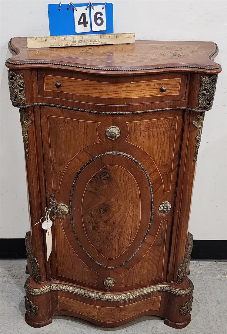 Fr 1 Drawer Over 1 Door Mahog Cabinet W/ Burl Walnut Inlay Panels + Ormolu Mounts 34"H X 24"W X 12: Fr 1 Drawer Over 1 Door Mahog Cabinet W/ Burl Walnut Inlay Panels + Ormolu Mounts 34"H X 24"W X 12 3/4"D