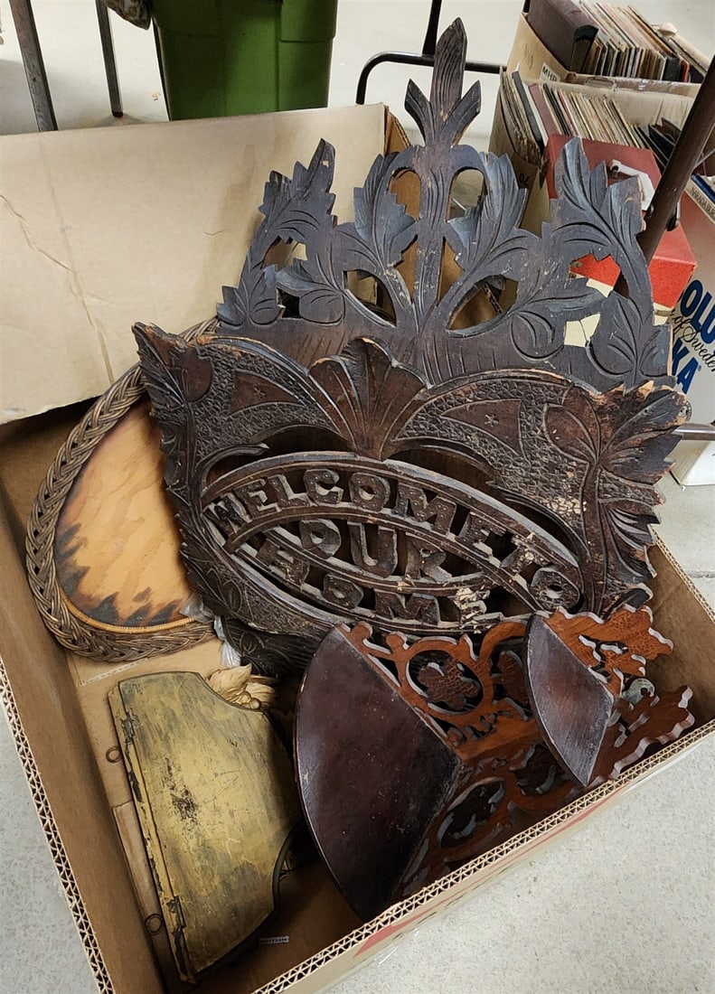 Bx Vict Wooden Items- Walnut Wall Pocket- Welcome To Our Home 25 1/2"H X 16 1/2"W, Folding Shelf, (1 of 5)