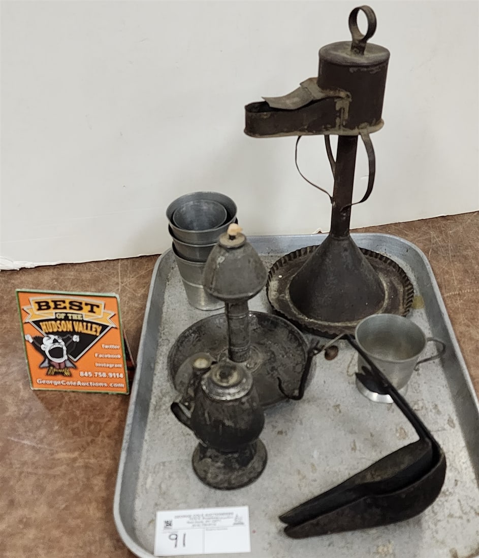 Tray Early Lighting- Tole Oil Lamps- 11 1/2", 6" + 4 1/2", Betty Lamp, 5 Pewter Cups (1 of 2)