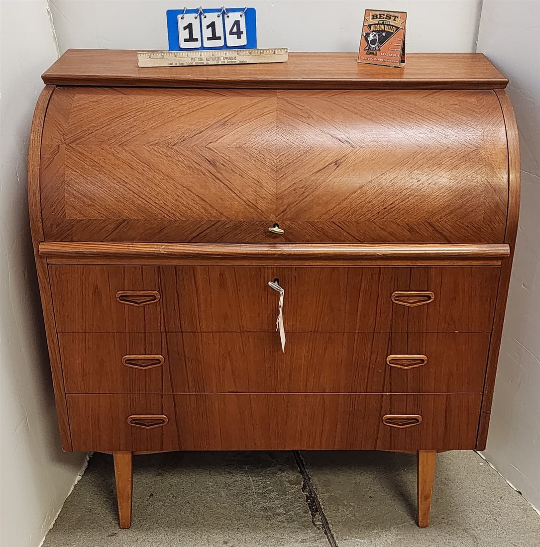 Mid Century Karlit Sweden Teak Barrel Roll Desk 38 1/4"H X 35 1/4"W X 18 1/2"D: Mid Century Karlit Sweden Teak Barrel Roll Desk 38 1/4"H X 35 1/4"W X 18 1/2"D