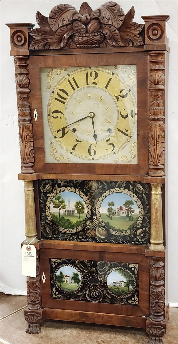 Birge Empire Carved Mahog Clock W/ Reverse Ptd Panels 37 1/2"H X 17"W X 6"D (1 of 13)