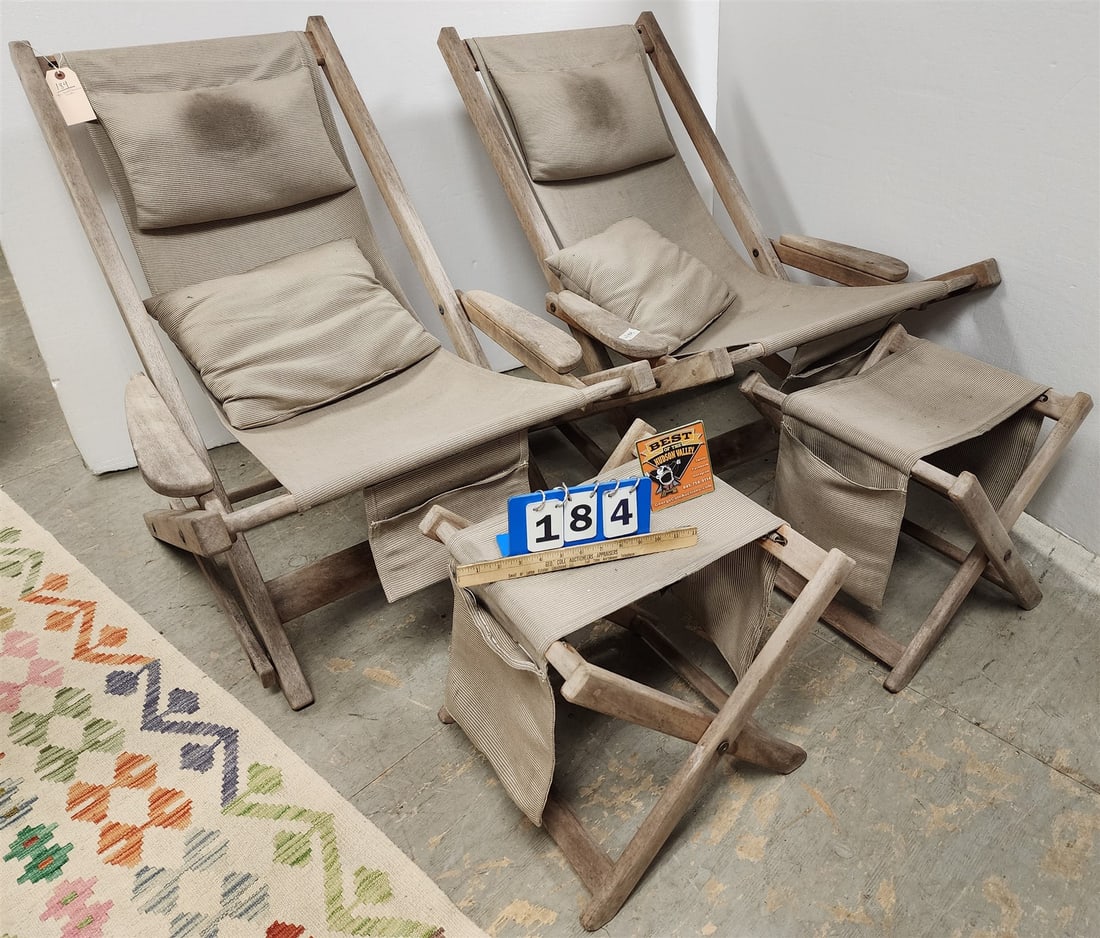 Wood Classics Teak Pr Lounge Chairs 34 1/2"H X 28"W X 19"D + 2 Folding Ottomans (1 of 5)