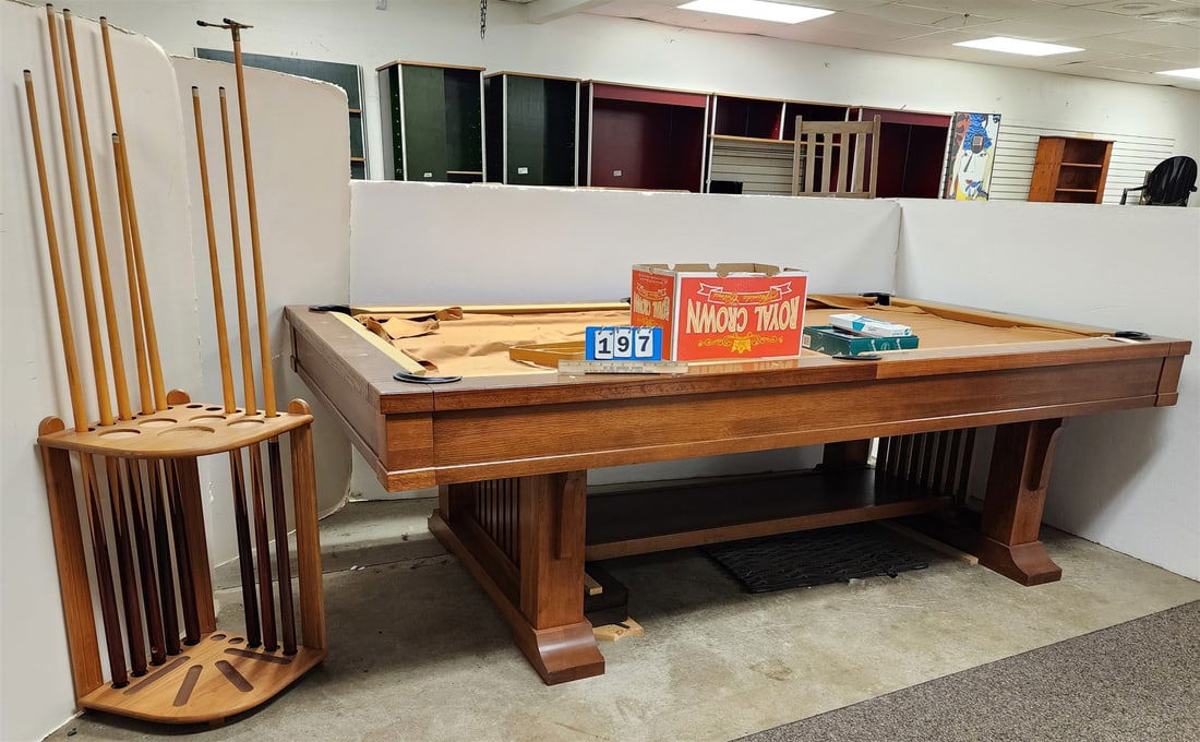 Brunswick Arts And Crafts Style Oak Billiards Table 32"H X 9'8 1/2"L X 4'8 1/2"W W/ Rack + Cue + (1 of 6)