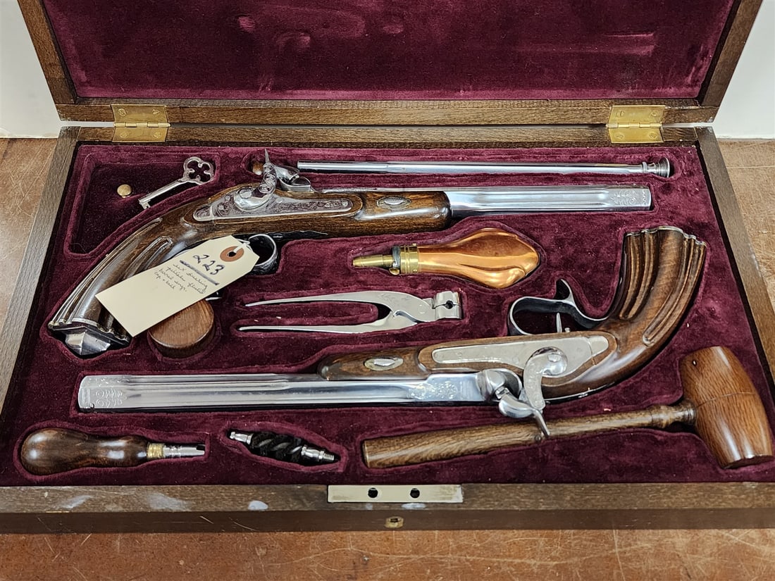Bx'd Set Dueling Pistols Fluted Barrel Engr Mfg Unknown Cap And Ball - READ DESCRIPTION!: Bx'd Set Dueling Pistols Fluted Barrel Engr Mfg Unknown Cap And Ball This Lot Requires A Background Check, There is a Charge for the background check and other important information as listed below. T