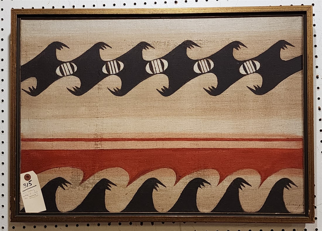 Framed O/C Native Amer Pottery Motif #/Sgnd Dan Novinglia? 18" X 26" W/ Frame 19 1/4" X 27" (1 of 2)