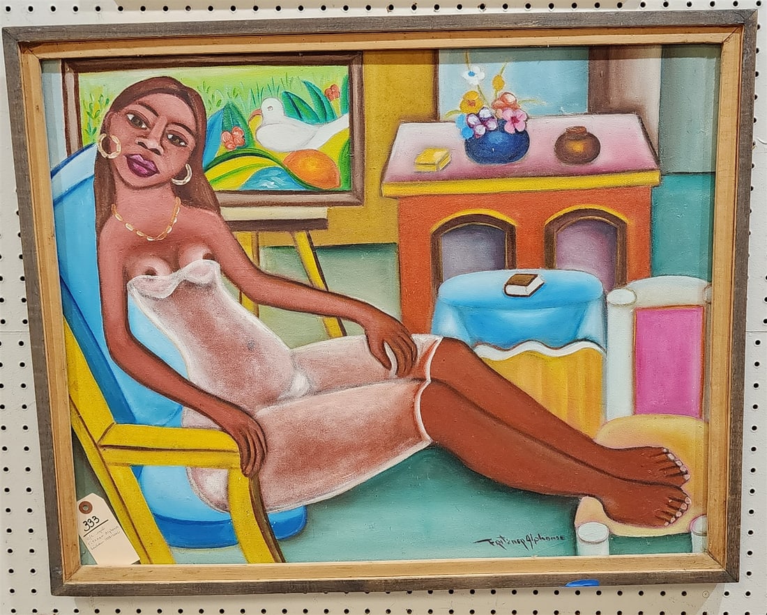 Framed O/C Reclining Woman Sgnd Fitzner Alphonse 1938-2006 Haitian 24" x 30": Framed O/C Reclining Woman Sgnd Fitzner Alphonse 1938-2006 Haitian 24" x 30"
