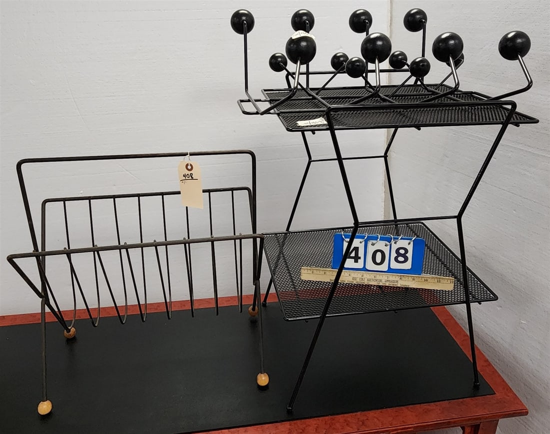 Lot 2 Wrought Pcs- Magazine Rack 19 1/2"H X 17 1/2"W X 8"D + 2 Tier Stand 24"H X 17"W X 13 1/2"D & (1 of 5)