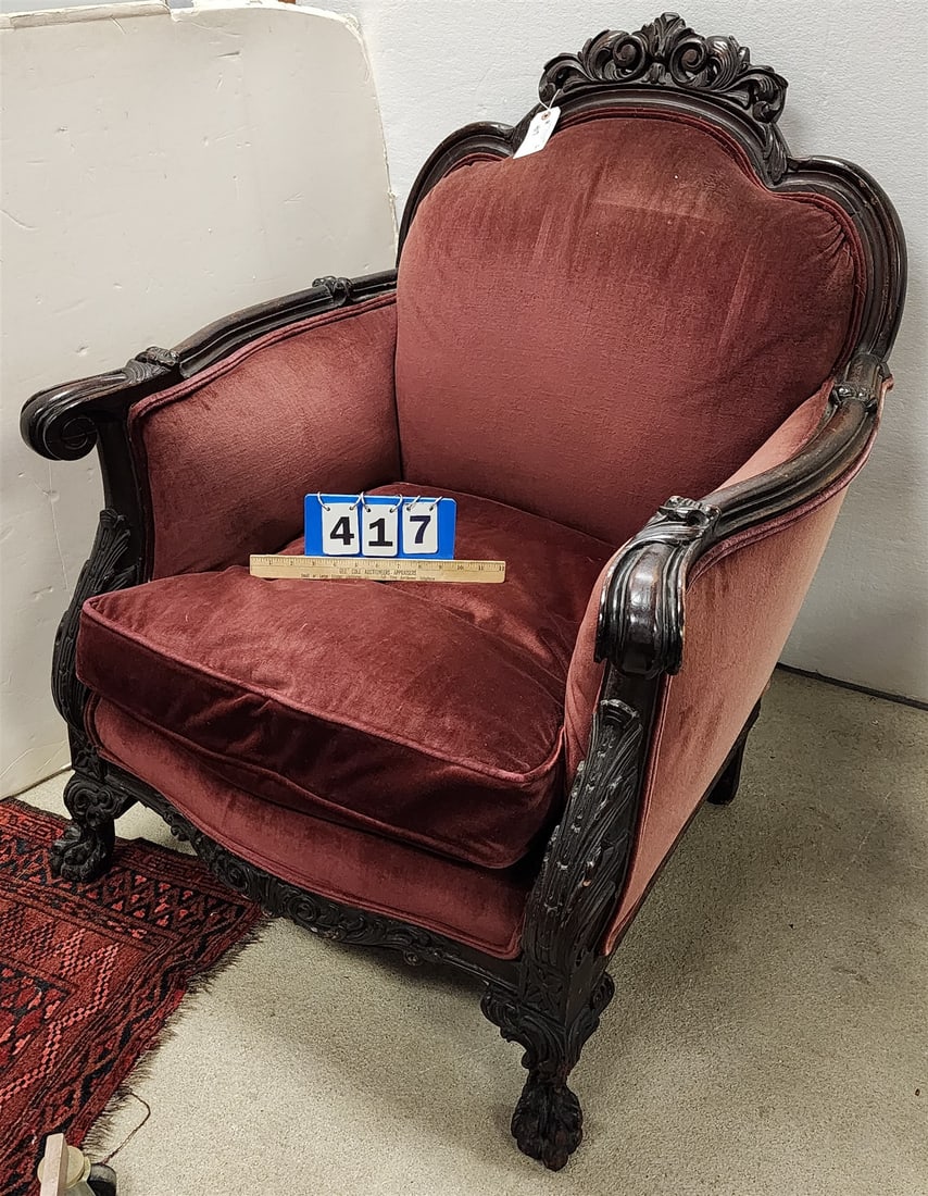 Walnut Carved Frame Club Chair 39 1/2"H X 32"W X 23"D: Walnut Carved Frame Club Chair 39 1/2"H X 32"W X 23"D