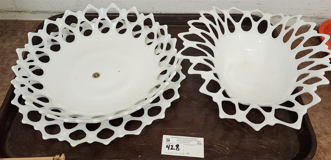Tray Milk Glass- Westmoreland Bowl 2 3/4"H X 12 1/2 Diam, Plate 1 1/2"H X 13 1/2"Diam + Fruit Bowl 4: Tray Milk Glass- Westmoreland Bowl 2 3/4"H X 12 1/2 Diam, Plate 1 1/2"H X 13 1/2"Diam + Fruit Bowl 4 1/2"H X 13 1/2"W X 11 1/2"D