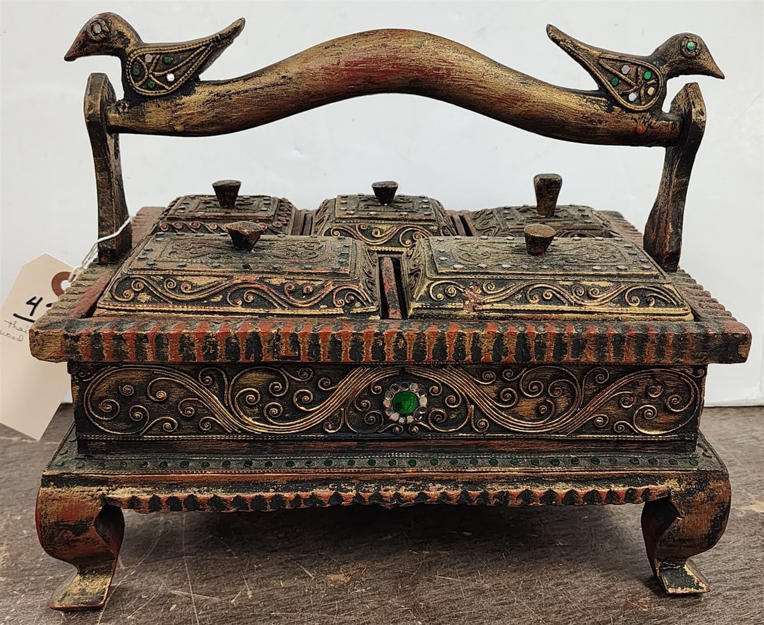 Thai Carved Wooden Basket w/ Glass Inlay 10"H X 12"W X 7 3/4"D: Thai Carved Wooden Basket w/ Glass Inlay 10"H X 12"W X 7 3/4"D