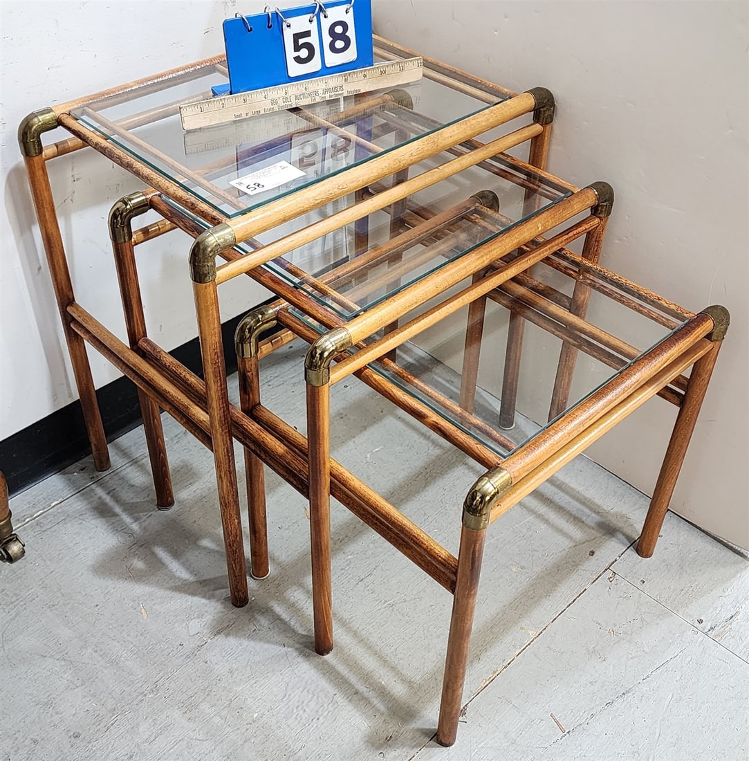 Nest of 3 Wood and Glass Tables 22"H X 21"W X 14"D Largest: Nest of 3 Wood and Glass Tables 22"H X 21"W X 14"D Largest