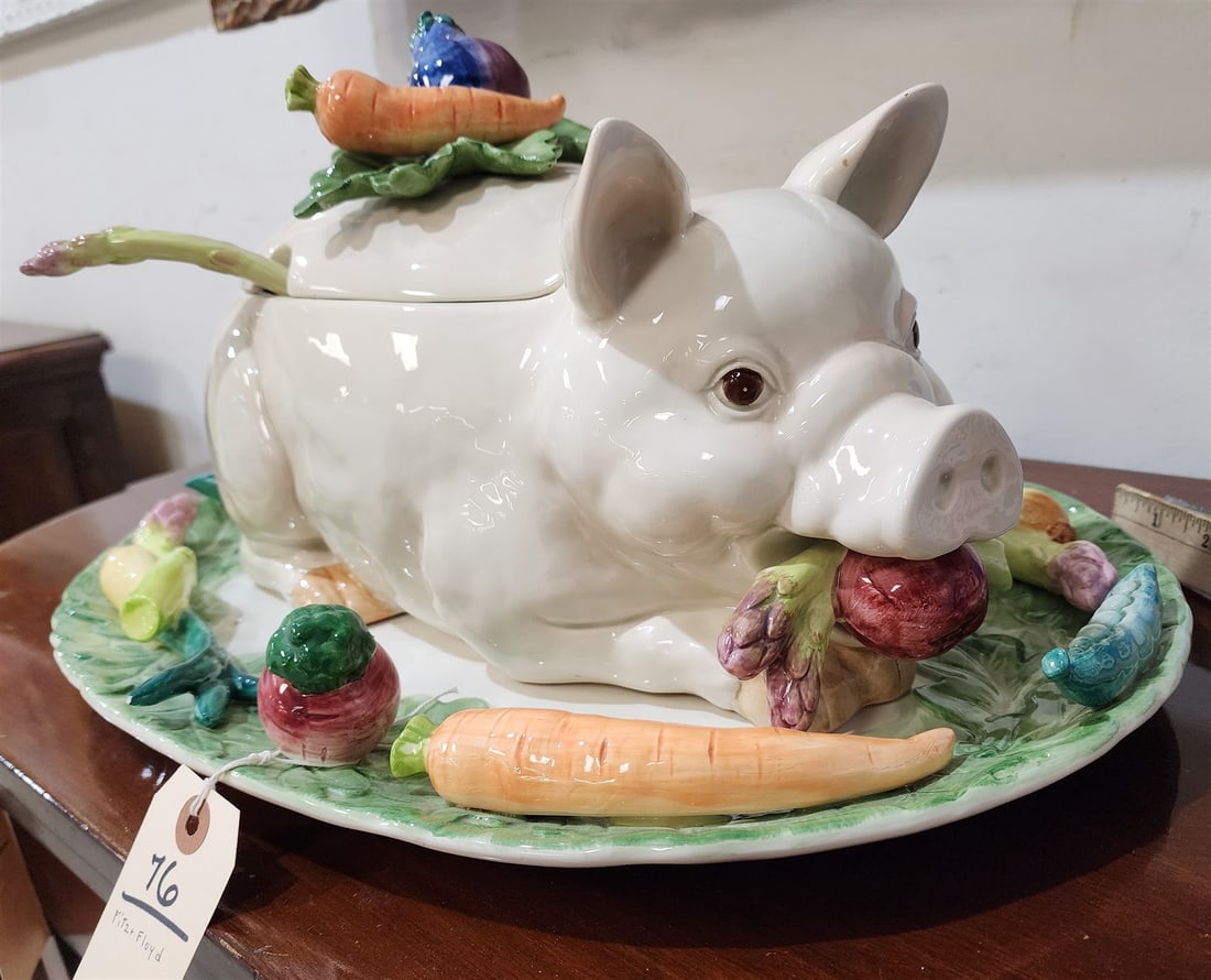Fitz + Floyd Ceramic Pig Tureen 9"H X 14 1/2"W X 7"D + Platter 18 1/2" X 13 1/2" (1 of 6)