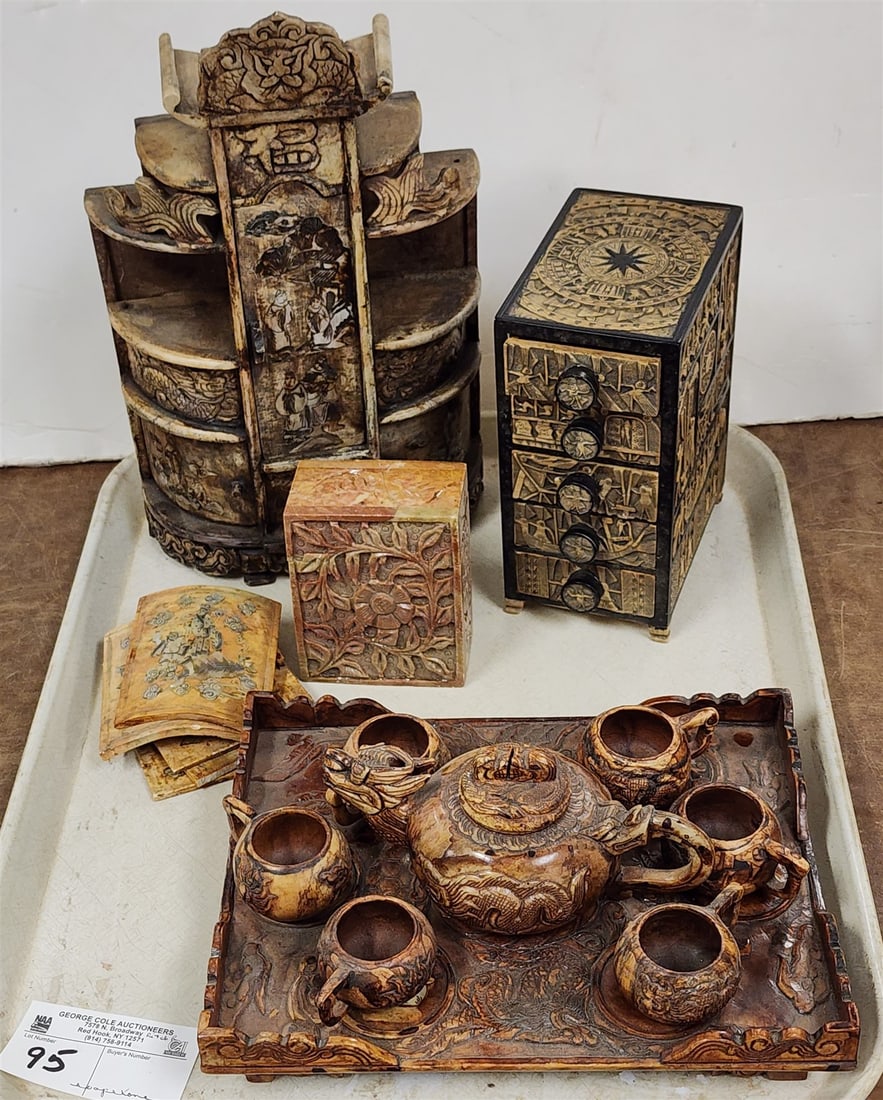 Tray Soapstone-7 Piece Tea Set on Stand 2"H X 9"W X 7"D, Carved + Mop Inlayed Cabinet 11 1/2" X 7"W: Tray Soapstone-7 Piece Tea Set on Stand 2"H X 9"W X 7"D, Carved + Mop Inlayed Cabinet 11 1/2" X 7"W X 2 1/2" D + 5 Drawer Carved Chest 6 1/2" H, X 3 1/4W" X 4 3/4"D, Carved Playing Card Case 4"H X 3"W