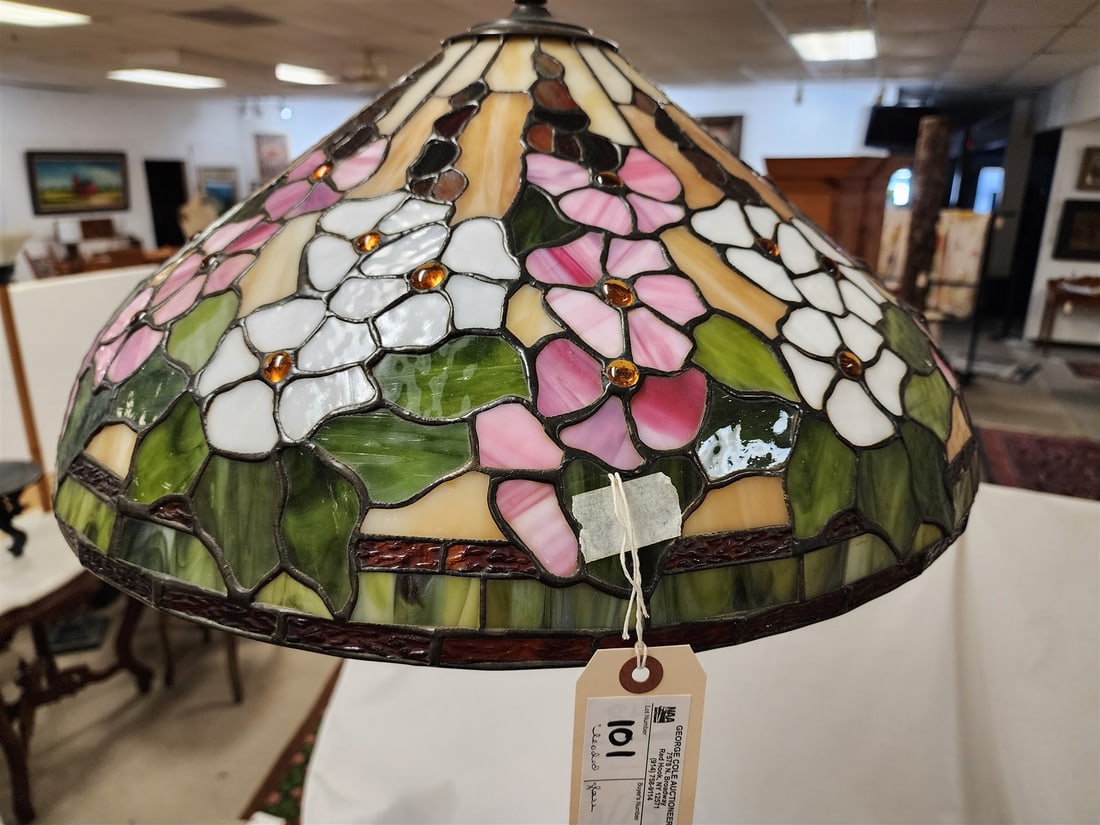 Leaded Glass Hanging Shade 12"H X 21 1/2"D: Leaded Glass Hanging Shade 12"H X 21 1/2"D