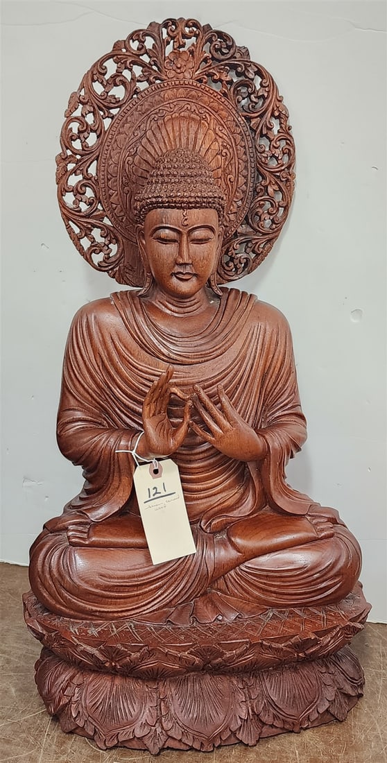 Asian Carved Wood Buddha 27 1/2" X 14"W X 10"D: Asian Carved Wood Buddha 27 1/2" X 14"W X 10"D