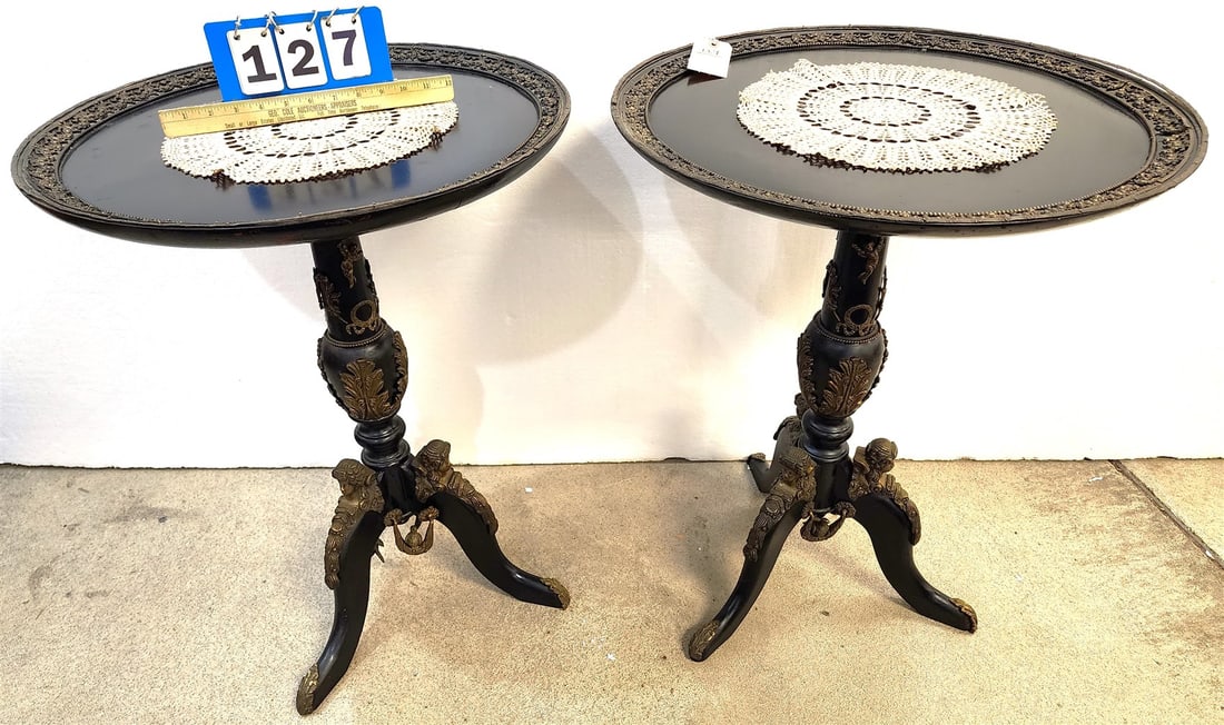 Pr. 19th C. Ebonized Stands w/ Ormolu Mounts 29"H, X 22" diam. (1 of 6)