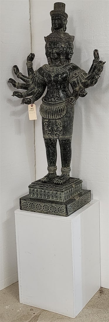 Cambodian Khmer Bronze Prajnaparamita 4'H X 25"W X 13 1/4"D  On Wooden Plinth 24 3/4"H X 16" Sq (1 of 4)