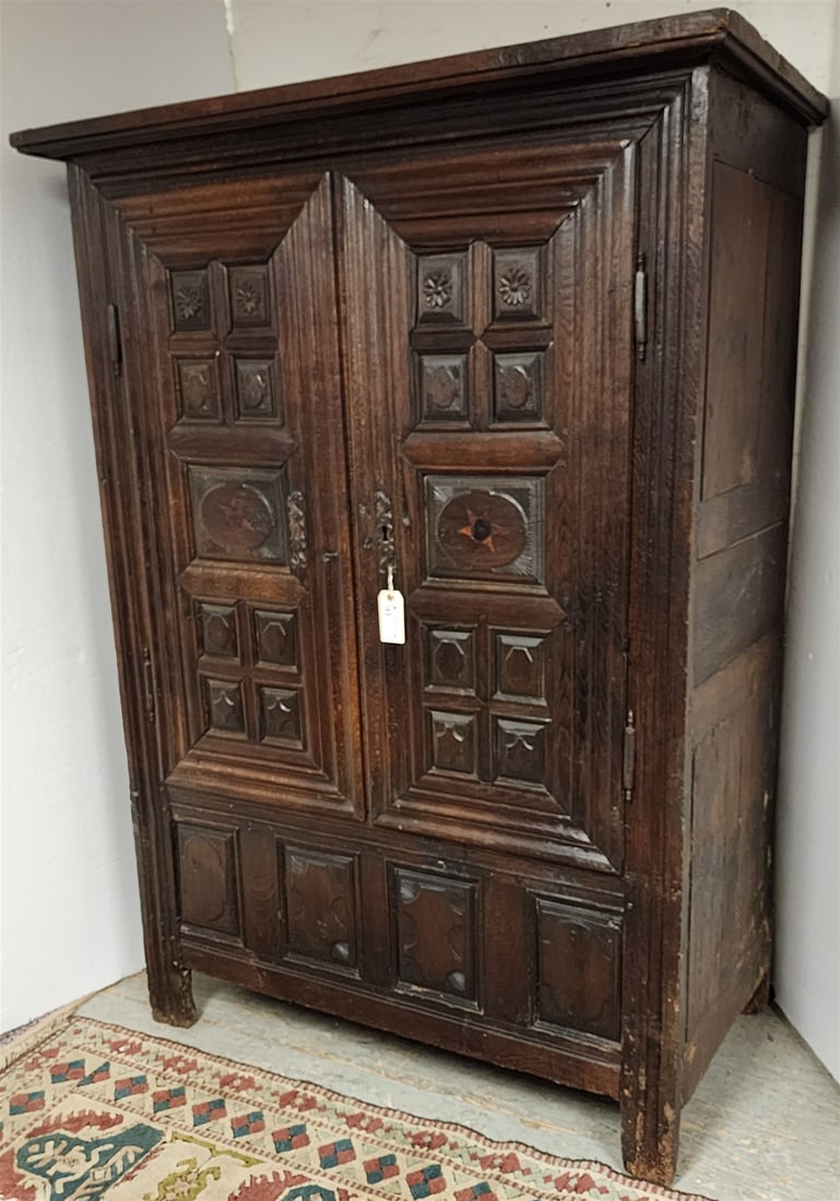 17/18th C Carved + Inlaid 2 Door Armoire 6'5"H X 55 1/2"W X 28"D: 17/18th C Carved + Inlaid 2 Door Armoire 6'5"H X 55 1/2"W X 28"D