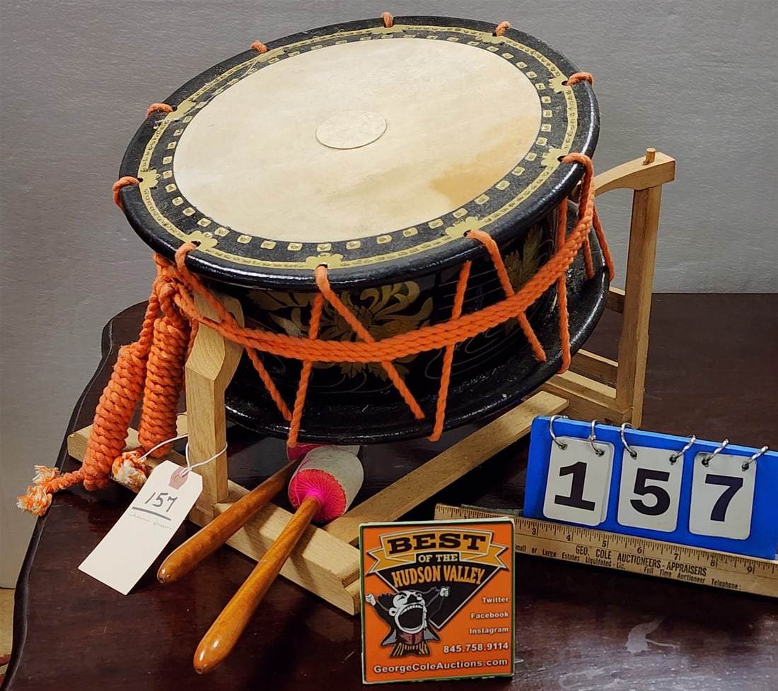 Asian Drum On Stand 12 1/2"H X 14"W X 14"D: Asian Drum On Stand 12 1/2"H X 14"W X 14"D