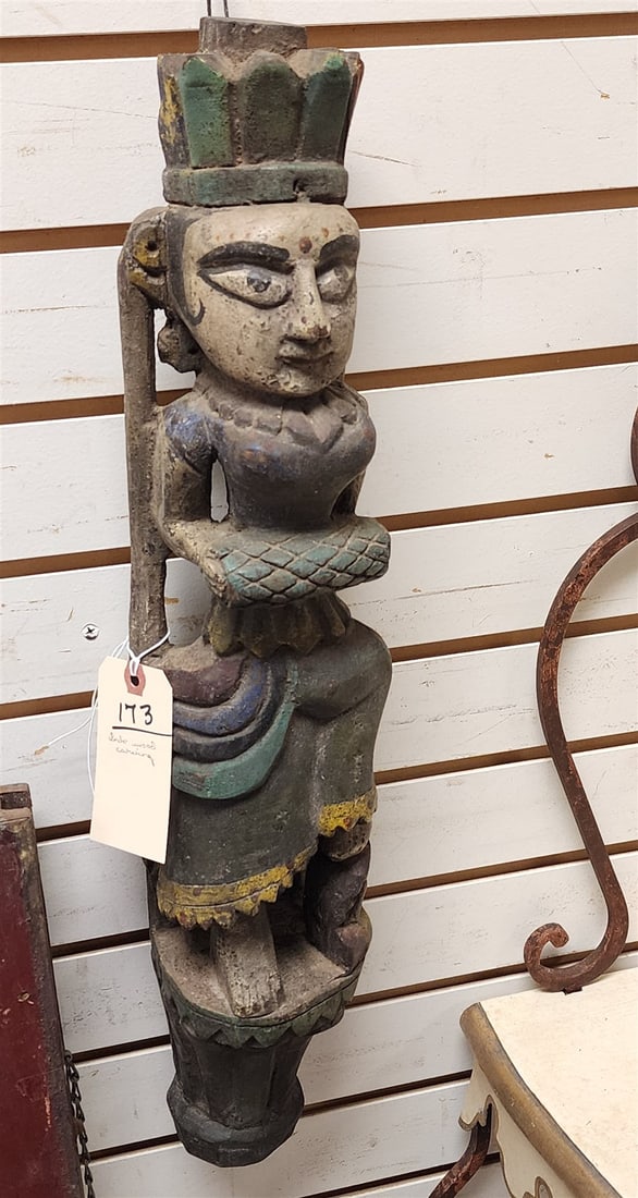 Indo Wood Carved Figure 24"H X 4 1/4"W X 3 1/2"D: Indo Wood Carved Figure 24"H X 4 1/4"W X 3 1/2"D
