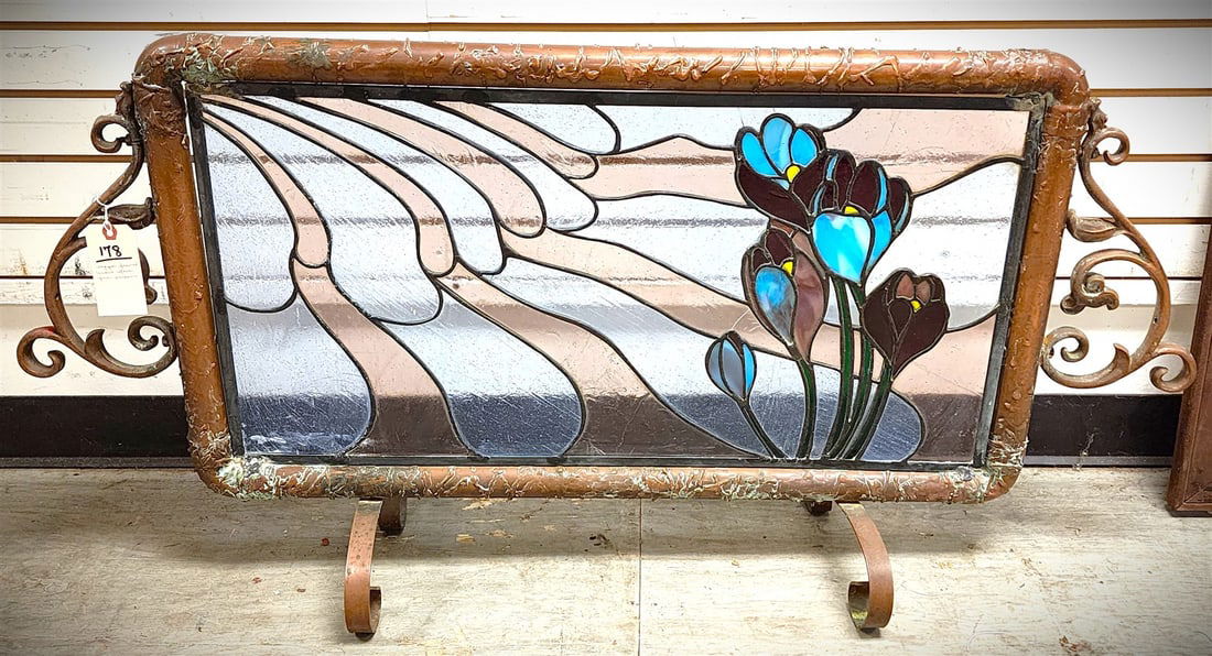 Copper Framed Leaded Glass Fire Screen 23 1/2"H X 49"W (1 of 3)