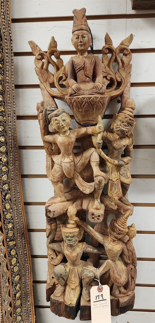 Thai Carved Wood Group 28"H X 9 1/2"W X 4"D: Thai Carved Wood Group 28"H X 9 1/2"W X 4"D