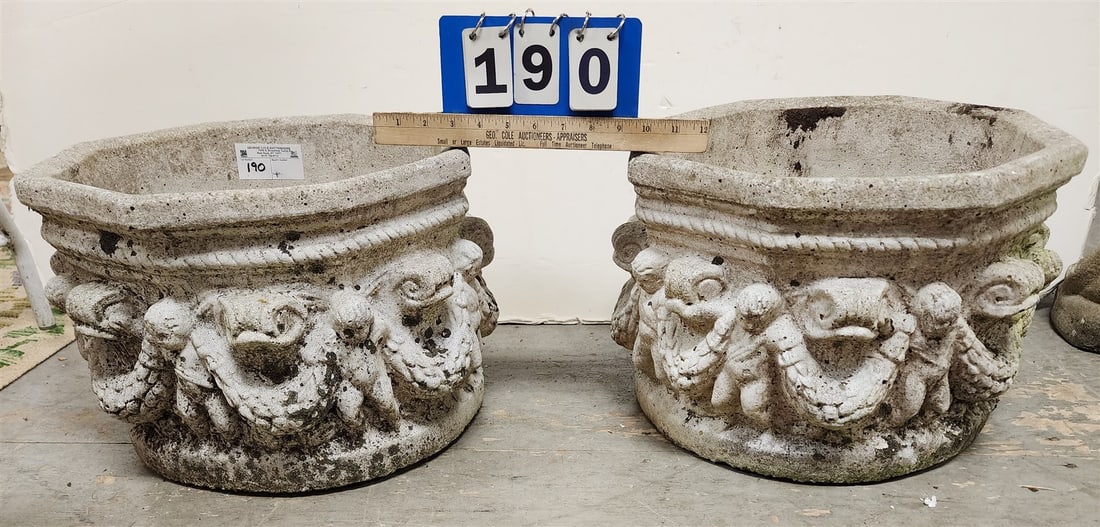 Pr Octogonal Cast Cement Planters 11 1/2"H X 17"Diam (1 of 2)