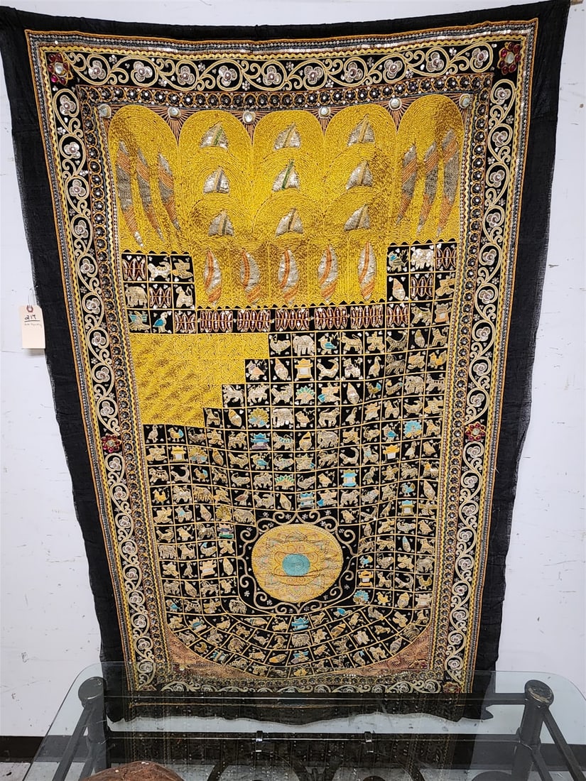 Indo High Relief Tapestry W/ Metal Threadwork + Gems 68" X 42": Indo High Relief Tapestry W/ Metal Threadwork + Gems 68" X 42"