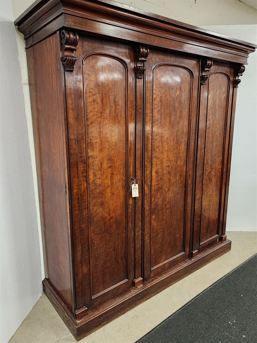 19th C English Mahog 3 Door Armoire 6'10 1/2"H X 77"W X 27 1/2"D: 19th C English Mahog 3 Door Armoire 6'10 1/2"H X 77"W X 27 1/2"D